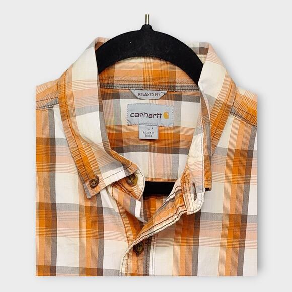 Mens Carhartt Relaxed Fit Short Sleeve Button Down Orange Plaid Size Large - Picture 2 of 4